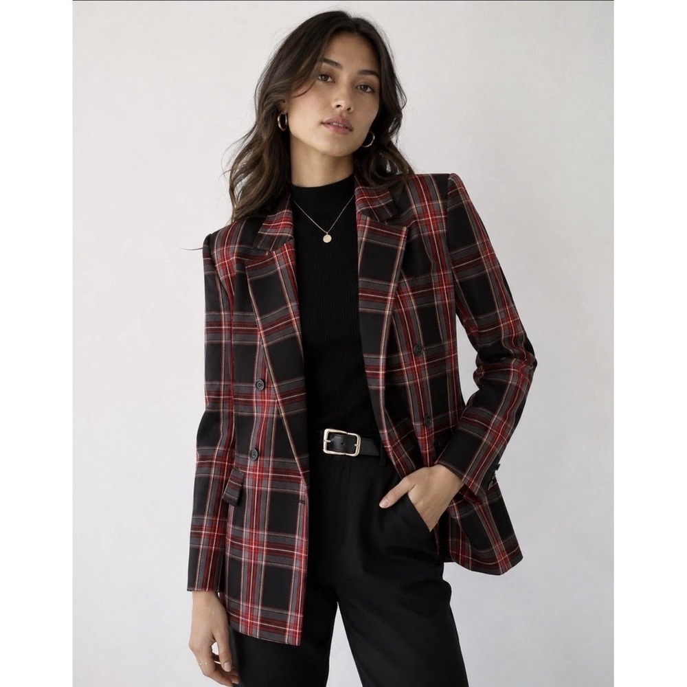 Ann Taylor Black Red Tartan Plaid Double Breasted Blazer Size 12 Preppy Relaxed